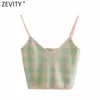 Frauen Swee Plaid Print Kurze Strick Sling Pullover Weibliche Spaghetti Strap V-ausschnitt Weste Chic Sommer Crop Tops SW718 210420