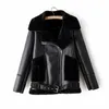 Moda Kadınlar Siyah PU Deri-CLAD Serin Lady Faux Kuzu Yün Kürk Ceket Streetwear Kadın Sashes Takım Elbise Moto Kızlar 210527