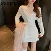 Solide Automne V Cou Bandage Taille Wrap Hanche Tricoté Robe Courte Mince À Manches Longues Hors Épaule Pull Robe Robe De Mujer 210610