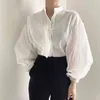 Fashion Sexy Loose White Women's Shirt Korean See Through Blouse Women Puff Long Sleeve Mesh Elegant Clothes 11256 210427