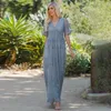 Jastie V-Neck Kvinnor Maxi Klänning Bohemian Broderi Långt Tunika Strand Klänningar Sommar Kortärmad Semester Kvinnor Kläder 210419