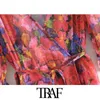 Kvinnor Chic Fashion Floral Print Wrap Chiffon Midi Dress Vintage V Neck med bälte och foder kvinnlig Veintidos 210507