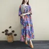 Johnature Print Patterns Vintage Summer Women Dresses Ankle-length Half Sleeve Casual O-Neck Loose Dresses 210521