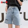 Sommar rippade denim shorts för kvinnor Casual Loose Wide Ben Light Blue Vintage Koreanska High Waist Women's Femme Long 210428