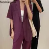 Nomikuma Trajes coreanos Blazer de manga corta con un solo pecho Pantalones casuales de cintura alta Color sólido Conjunto de 2 piezas Trajes de mujer 3b732 210514