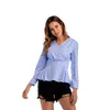 V Pescoço Leltice Top Vintage Ruffles Túnica Camisa Elegante Slim Pullover Escritório Senhoras Casual Azul Vermelho Vermelho Negro Mulheres Tops e Blusas 210507