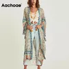 Floral Print Manteau Femmes Japon Style Longue Veste Avec Ceinture Col En V Manches Chauve-Souris Lâche Mince Survêtement D'été Plage Tops 210413