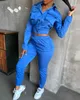 2020 Women Safari Style Autumn Turn-down Collar Crop Top & Long Pants Set Casual Chic Solid Long Sleeve Fitting Denim Suit Sets Y0625