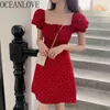 Dot Röd Vestidos Koreansk stil Mode sommar Kvinnor Klänning Puff Sleeve A-Line Robes Mini Dresses 17112 210415