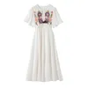 White O-neck Bow Floral Embroidery Indie Folk Dress Flare Short Sleeve Empire Beach Summer Holiday Midi D2439 210514
