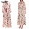 Mode Runway Långärmad Klänning Kvinnors Båge Tie Chiffon Lily Flower Print Casual Holiday Elegant Maxi Beach 210421