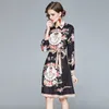 Fashion Designer Luxury Crown Flower Print Vinatge Dresses Women Celebrity Long Sleeve Bow Belt Slim Lapel Elegnat Party Dress 210416