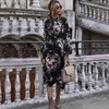 Autumn Winter Floral Dress Women Casual Puff Sleeve Bow Stand Collar High Wasit Long Sleeve Dress New 210415