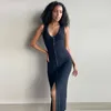 Ribbed dzianiny Biała sukienka V Neck Rękawów Guziki Split Up Sexy Club Midi Dresses Casual Odzież Dla Kobiet Letnie Vestidos 210517