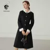 FANSILANEN 100％ウールの混合コートドレス女性ビンテージロングブラック冬の女性特大エレガントなカシミヤニットジャケット210607