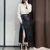 Moda chique de mulheres traf com curva amarrada de couro falso envoltório midi vestido vintage alta elástica cintura dianteira saias femininas 210415