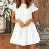 Kvinnor Klänning Sommar Casual Loose Boho Söt Layered Solid Cocktail Party Beach Sundress Ruffles Vit Mini Streetwear 210522