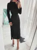 Sukienka Dzianiny Elastyczne Długie Rękawe Bodycon Eleganckie Kobiety 2021aUmn Sexy O-Neck Button Party Slim Sukienki Y1204