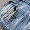 Luxury Jeans Mens Mäns Rhinestone Crystal Patchwork Light Blue Ripped Slim Fit Skinny Stretch Denim Byxor