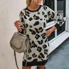 Suéter de punto Otoño Invierno Moda Bolso de leopardo Cadera Vestido de suéter de punto delgado Vestido de lana de mujer Suéteres de cuello redondo completo 210514