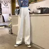 Białe spodnie denim kobieta solidna wysoka talia prosta jesień rocznika ropa mujer femme pantalon koreański styl 18756 210415