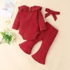INS Simple Girl Clothing Set Long Sleeve Solid Color Ruffles Romper +Flare Pants+Headband Autumn Soft Kids clothes 3 Piece sets 0-24 months 100% Cotton