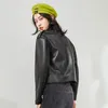 Kadınlar Lather Ceket Sonbahar Ince Uzun Kollu Down Yaka Siyah Biker Moto Deri Ceket Bayanlar Fermuar PVC Punk Giyim 210525