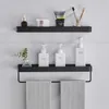 Svart Aluminiumhandduk Hylla Badrum Förvaring Rack Väggmonterad Bricka Vanity Shower Caddy Spice Organizer 30/40 / 50cm 211112