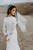 Lace Mermaid Modest Wedding Dresses With Long Sleeves V Neck Buttons Back Vintage Country Modest Bridal Gown With Full Sleeve