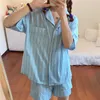 Casual Algodão Striped Breve Pijama Dois Pedaço Ternos Elegantes Sleepwear Mulheres Femme Home Chic Soltos Soltos 210525