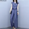 여름 블루 데님 여성 두 조각 세트 민소매 넥타이 탑 + 와이드 다리 바지 정장 패션 사무실 작업복 2 PC FEMME 210513