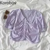 Korobov Nuovo monopetto Crop Camicie Stile Preppy Dolce Manica a sbuffo Colletto rovesciato Camicette Coreano Chic Blusas Mujer 210430