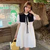 2 피스 디자이너 흰색 드레스 여성 여름 패션 캐주얼 진주 블랙 붕대 달콤한 한국가 Testiod 210515