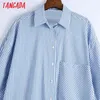 Women Blue Striped Shirts Long Sleeve Turn Down Collar Elegant Female Casual Wear Blouses 6Z71 210416