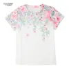 Kvinna T-shirts Top Round Neck Short Sleeve Casual Flower Print Vintage Topps Pullover Female Elegant Streetwear Lady T-Shirts 210702