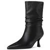 Fersenstiefel Frauen hohe Leder dünn echter Spitze Zeh Falten Herbst Mid Calf Elegante Damenqualität halbe Schuhe Ladie Schuh 453 Boot 907 Hacken Hoe