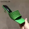 Suojialun 2021 Kwadratowe Panele Kapcie Moda Zielony Kamienny Wzór Slajdy Cienka Szpilka Sukienka Sandal Letnia Outdoor Beach Flip Flop K78