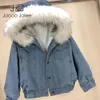 Jocoo Jolee Polaire À Capuchon Denim Manteau Femmes Hiver Épais Jean Veste Femme Fourrure D'agneau Rembourré Chaud Denim Veste Manteaux 2XL 210518