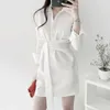 LY VAREY LIN Autumn Women Elegant Office Lady Striped Shirt Dress Turn Down Collar Single Breasted Sash Tie Up Dresses 210526