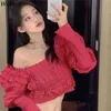 Sexig av axelblus Koreanska Chic Women Shirt Square Collar Long Puff Sleeve Crop Top Elegant Sommar Blusas Mujer 210519