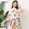 Fashion Runway Summer Shorts Women's White Pullover Top and High waist printing Two Pieces Set 210524