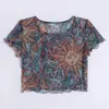 T-shirt da donna T-shirt Fashion Sun Moon Stampato Maglia trasparente Manica corta Girocollo Top per donna Elegante Manga Corta