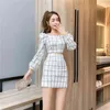 Verano mujer conjunto de dos piezas Casual Sexy Plaid Puff manga corta camisa Top + cintura alta Mini falda traje trajes 210518