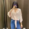 ZA verão laço tintura nó camisa mulheres vintage manga longa irregular camisas rosa camisas mulher moda botão up casual blusa top 210602