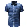 Short-sleeved Denim Shirt Men Leaf Print Jeans Male Casual Blouse Mens Clothing Slim Fit Blue Black Men's Shirts