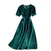 Yaz Zarif MIDI Retro Elbise kadın Katı Renk V Yaka Dantel-up Bel Ince Puf Kol Vestidos Ofis Lady 210420