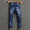 Streetwear mode män jeans retro mörkblå förstörd rippad för elastisk bomull slim fit designer hip hop punk byxor