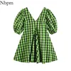 Nbpm Women Sweet Fashion With Yellow-Green Plaid V-Neck Women's Dress Cool Girl Puff Sleeve Summer Sundresses Party Chic 210529