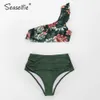 SEASELFIE Eine Schulter Rüschen Hohe Taille Bikini Sets Frauen Sexy Grün Floral Zwei Stück Badeanzug Schwimmen Anzug Bademode 210702