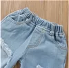 Set 3 pezzi per vestiti estivi per ragazza Top bianchi + Jeans strappati + Fasce per ragazze Completi per bambini Completi per bambini